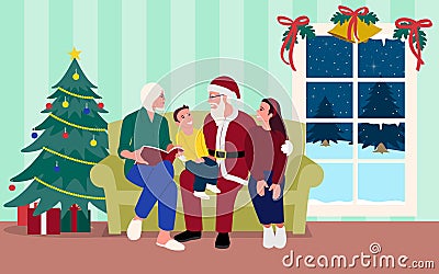 Cartoon Simple Flat Santa Grandparent Grandchildren Vector Illustration