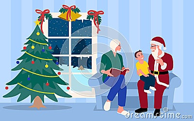 Cartoon Simple Flat Santa Grandparent Grandson on Lap Vector Illustration