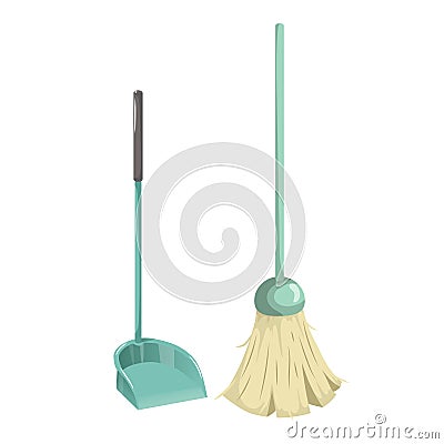 Cartoon simple gradient cleaning set objects. Green broom and plastic dustpan with big handle. Cleaning service vector icon Vector Illustration