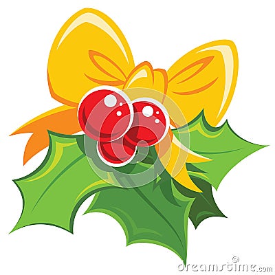 Cartoon simple mistletoe red and green design element with yellow bowtie Vector Illustration