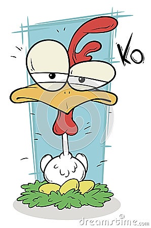 Cartoon siting chicken on nest with eggs Vector Illustration