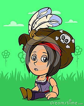 Cartoon sitting brunette pirate girl character Vector Illustration