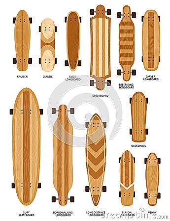 Cartoon skate board deck types, sizes and forms. Slide longboard, surf skateboard, penny, cruiser and classic Vector Illustration