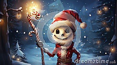 A cartoon skeleton holding a candy cane in the snow, AI Stock Photo
