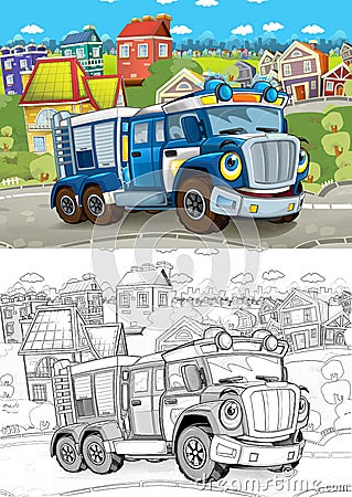 Cartoon sketch funny looking policeman truck driving through the city Cartoon Illustration