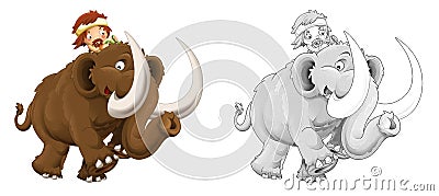 Cartoon sketch happy scene with caveman woman on mammoth - illustration Cartoon Illustration