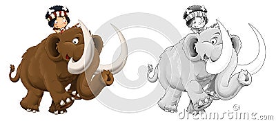 Cartoon sketch happy scene with caveman woman on mammoth - illustration Cartoon Illustration