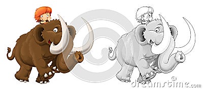 Cartoon sketch happy scene with caveman woman on mammoth - illustration Cartoon Illustration