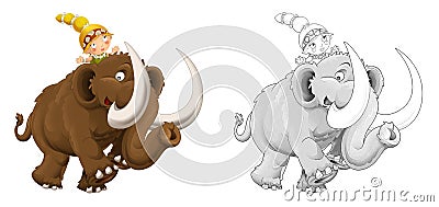 Cartoon sketch happy scene with caveman woman on mammoth - illustration Cartoon Illustration
