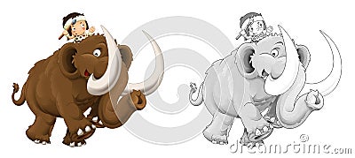 Cartoon sketch happy scene with caveman woman on mammoth - illustration Cartoon Illustration