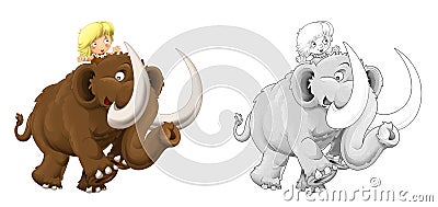 Cartoon sketch happy scene with caveman woman on mammoth - illustration Cartoon Illustration