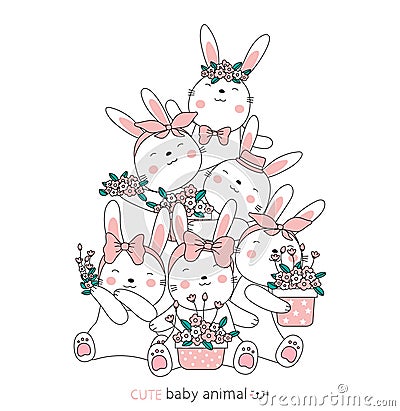 Cartoon sketch the lovely rabbit baby animals and floral. hand drawn style Vector Illustration