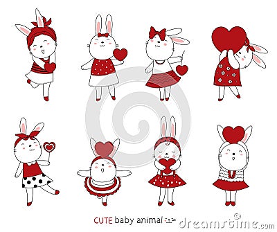 Cartoon sketch the lovely rabbit baby animals and heart. Valentines day with Hand drawn style Vector Illustration