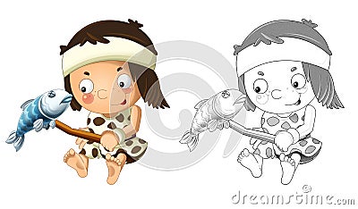 Cartoon sketch scene with happy caveman barbarian warrior with spear illustration Cartoon Illustration