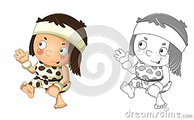 Cartoon sketch scene with happy caveman barbarian warrior with spear illustration Cartoon Illustration