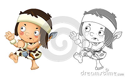 Cartoon sketch scene with happy caveman barbarian warrior with spear illustration Cartoon Illustration