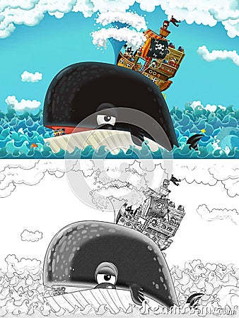 Cartoon sketch scene with pirate ship sailing through the seas Cartoon Illustration