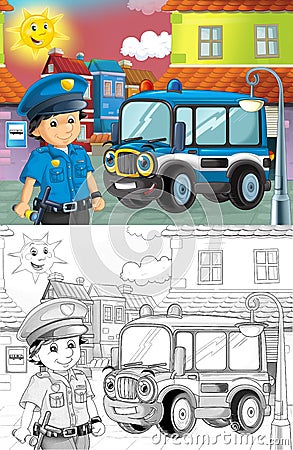 Cartoon sketch scene with policeman and police truck in the city Cartoon Illustration