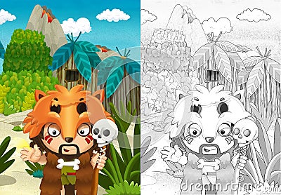 Cartoon sketch scene with prehistoric cavemen - illustration for children Cartoon Illustration