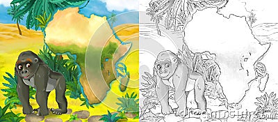 Cartoon sketch scene with wild animal by oasis ape monkey gorilla - illustration Cartoon Illustration