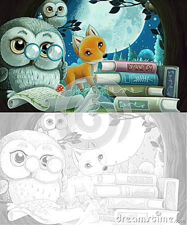 Cartoon sketch scene wise owl in tree house reading books with friends Cartoon Illustration