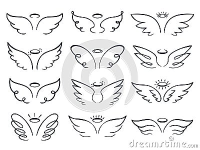 Cartoon sketch wing. Hand drawn angels wings spread, winged icon doodle vector illustration set Vector Illustration