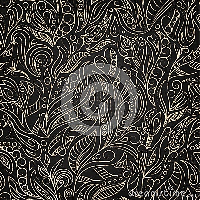 Cartoon sketchy doodles hand drawn floral chalkboard background. Vector line art seamless pattern. Stock Photo