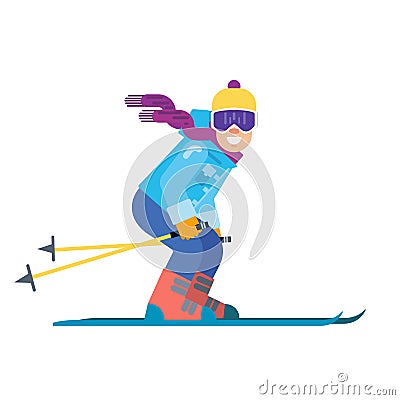 Cartoon skier isolated. Skiing sportsman character in ski suit vector illustration. Smiling man on skis. Vector Illustration