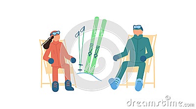 Cartoon skiers sit on a loungers and relax on a ski resort Stock Photo