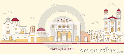 Cartoon Skyline panorama of Paros island, Cyclades, Greece Vector Illustration