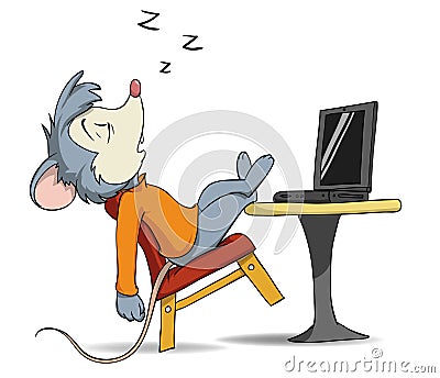 Cartoon sleeping mouse on chair with laptop Vector Illustration