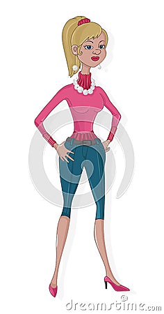 Cartoon slim blonde hair woman with pink sweater and blue short jeans Vector Illustration