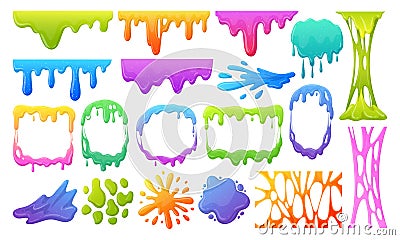 Cartoon slime mucus splashes. Jelly dripping spots, borders and frames, goo sticky liquid slime splatters flat vector illustration Cartoon Illustration