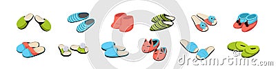 Cartoon slippers. Pairs of shoes for home. Comfortable soft male or female footwear set. Casual footgear with decorative Vector Illustration