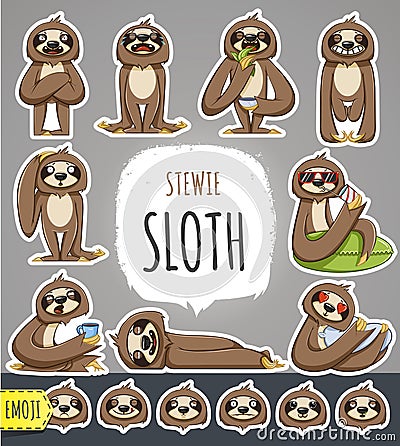 Cartoon Sloth Character. Emoticon Stickers Vector Illustration