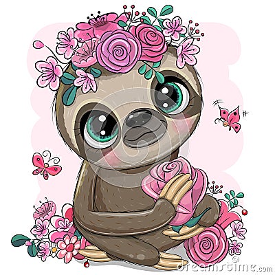 Cartoon Sloth with flowers on a white background Vector Illustration
