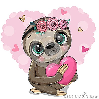 Cartoon Sloth with a heart on an heart backgrouns Vector Illustration