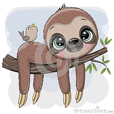 Cartoon Sloth is lying on a branch Vector Illustration