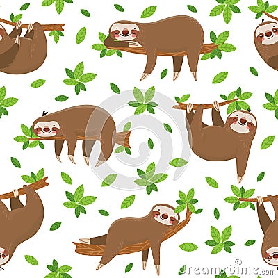 Cartoon sloth seamless pattern. Cute sloths on tropical lianas branches. Lazy jungle animal at rainforest trees vector Vector Illustration