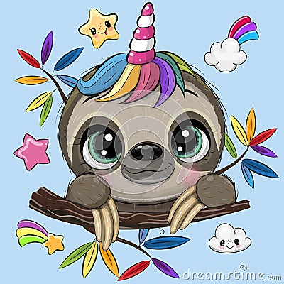 Cartoon Sloth with Unicorn Horn a blue background Vector Illustration