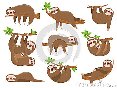 Cartoon sloths family. Adorable sloth animal at jungle rainforest. Funny animals on tropical forest trees vector set Stock Photo