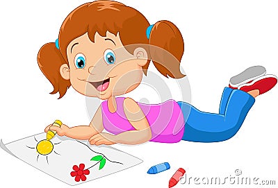 Cartoon small beautiful girl paints on paper Vector Illustration