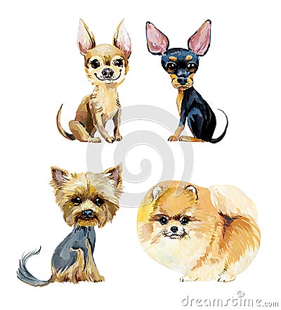 Cartoon small dogs. Gouache hand drawn illustration Stock Photo