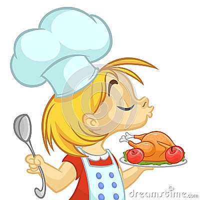 Cartoon small girl holding Thanksgiving Turkey on a tray. Vector illustration of teenager girl preparing turkey Vector Illustration