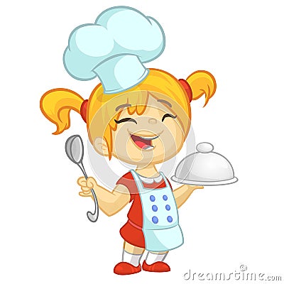 Cartoon small girl holding a tray with a dish and louche. Vector illustration of teenager girl preparing turkey and wearing apron Vector Illustration