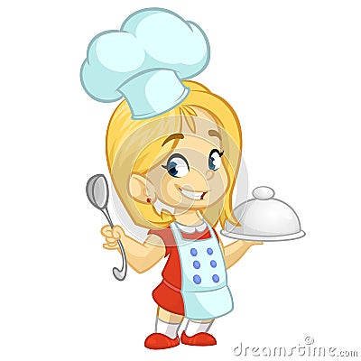 Cartoon small girl holding a tray with a dish and louche. Vector illustration Vector Illustration