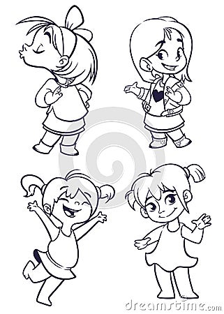 Cartoon small girls set. Vector illustration of outlined cartoon girls dancing, kissing, presenting Vector Illustration