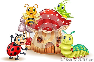 Cartoon small insect with mushroom house Vector Illustration