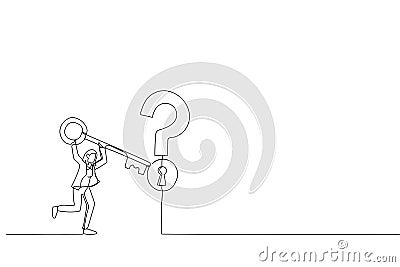 Cartoon of smart businesswoman holding big key to unlock keyhole on question mark sign. Metaphor for solution or reason to solve Vector Illustration