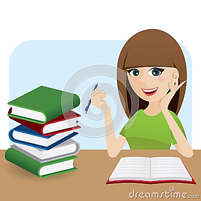 Cartoon smart girl writing book on table Vector Illustration